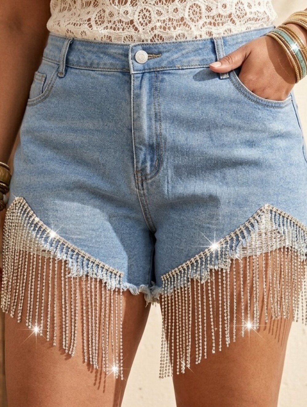 [[SHEIN]] Light Blue Denim Shorts with Rhinestone Fringe